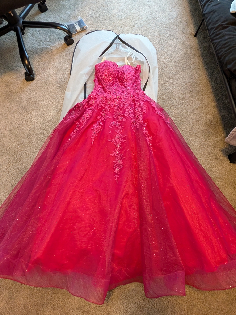 Strapless Pink Ball Gown with Floral Appliqué